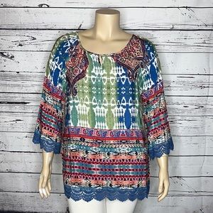 SB Suzanne Betro Size 1X Boho Printed Crochet Lace Keyhole Peasant Shirt top